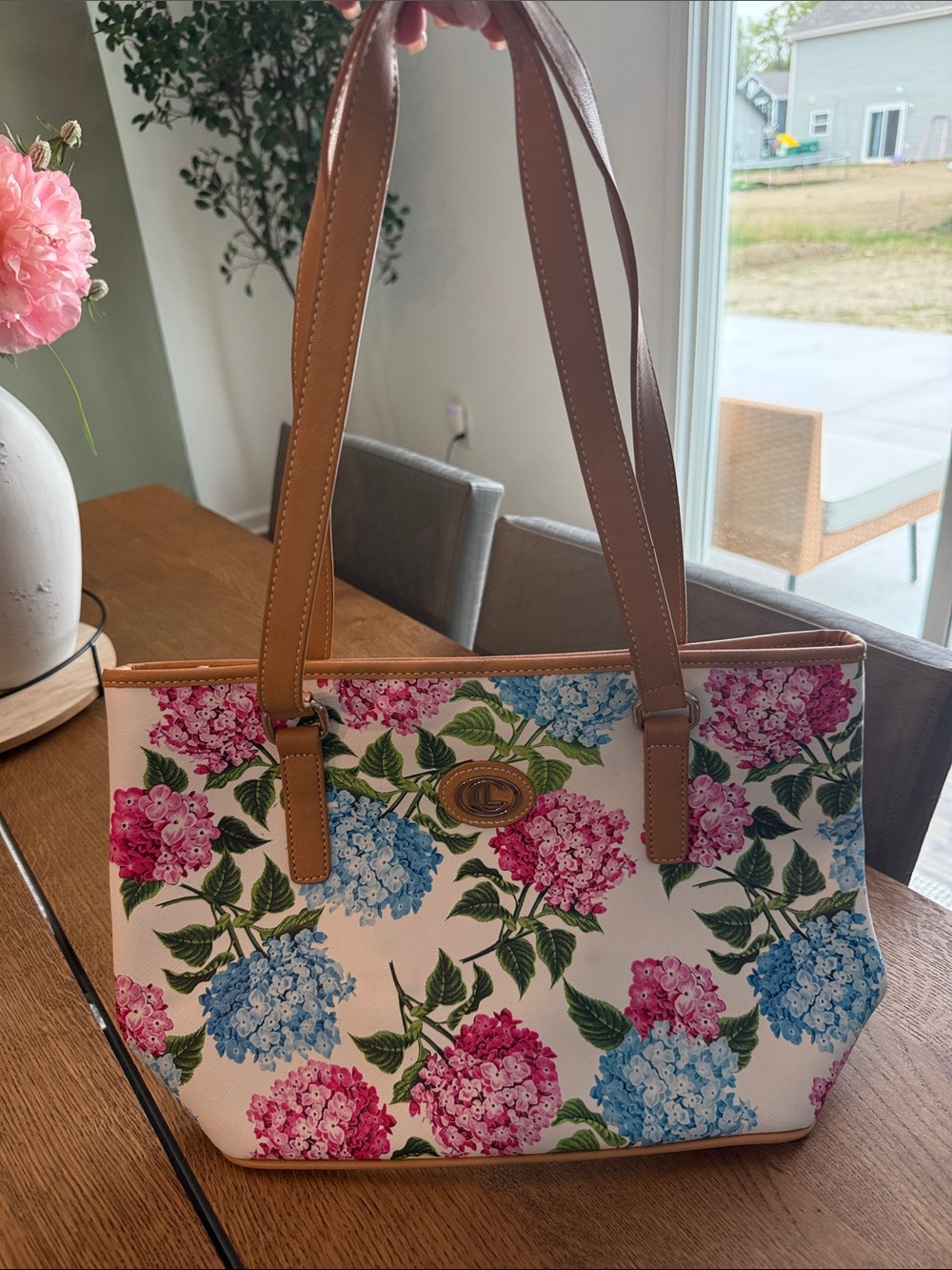 Floral Canvas Tote with Tan Leather Straps - Pink & Blue Hydrangea